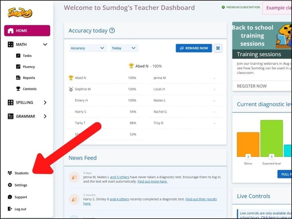 Support dashboard arrow pointing to students