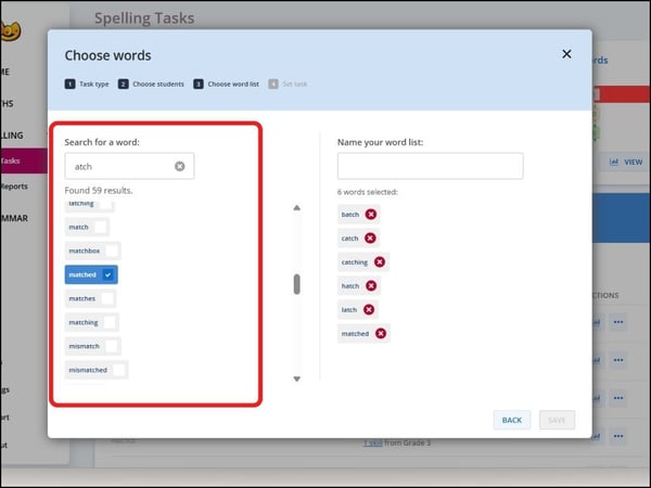 Support dashboard custom word list search