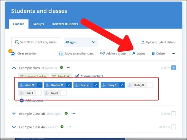 Support manage students page arrow pointing to logins