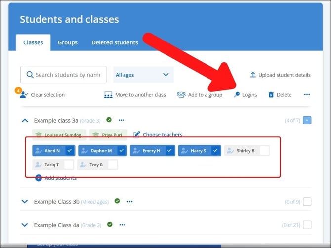 Support manage students page arrow pointing to logins