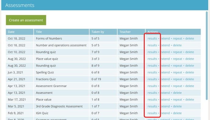 assessment list with results button circled