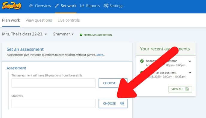 choose students button for grammar assessments