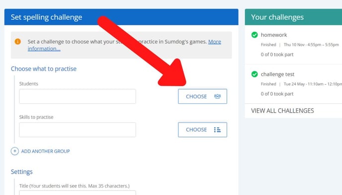 choose students button for spelling challenge