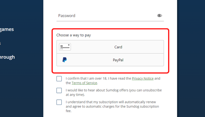 parent account setup card information