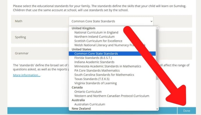 parent account standards dropdown menu