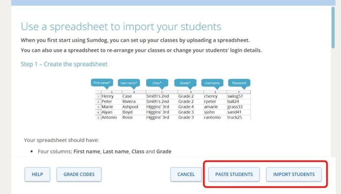spreadsheet upload page