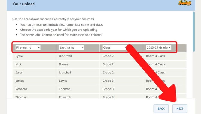 student spreadsheet upload columns