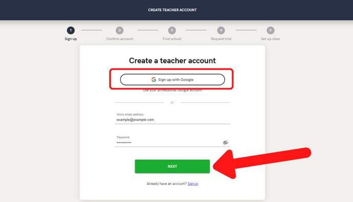 teacher sign up page